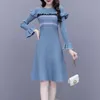 Arrival Autumn Winter High quality Knitted Sweater Dress Women Flare Sleeve striped Sweet Ruffle Elegant Vestidos 210529