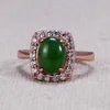 Cluster Rings 925 Sterling Silver For Women Oval Shape Rose Gold Plated Natural Green Jade Micro Paved Zircon Surround Opening Typ272o