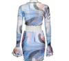 Two Piece Dress Kliou Bow Lace Print Sheath Sexy Women Flare Sleeve V-Neck Hot Female Mesh Ruched Clubwear Outfits