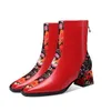Kadınlar Kısa Çizmeler Kış Shoessoft Mikrofiber Leaphersquare Toeprinting Topuk Etnik StyleFemale FootwareBlackred