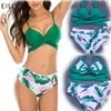 Mulheres Swimwear 2022 Bandage Bikini Set Sólido Cor Superior Planta Print Mid Cintura Beachwear Sexy Férias Sport Sport