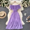 Sexig Chiffong Klänning Kvinnor Sommar Söt Dubbel Ruffle Hög midja Gul / Lila / Vit Vestidos Elegant Slash Neck Robe 2021 Ny Y0603