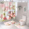 Blue Red Pink Rose Print Shower Curtain with Hooks, Bathroom Mat Set Anti-slip Soft Bath Carpet Lover Valentines Home Decoration 211115