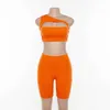 Simenual Neon Color Women Two Piece Set One Shoulder Casual Tracksuits Cut Out Crop Top And Biker Shorts Sets Sporty Active Wear Y0702