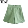 TRAF Women Chic Fashion Side Pockets Linnen Bermuda Shorts Vintage Hoge Taille Zipper Vlieg Vrouwelijke Korte Broek Mujer 210719