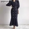 Mode Frauen Maxi Solide Kleid Eleagnt Büro Dame Chic Koreanische Bodycon Kleider Schlanke Zweireiher Vestidos 210601