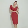 Vestito aderente sexy da donna coreana Abiti da festa midi con maniche corte a maniche corte con volant rosso per abbigliamento donna 210602