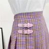 Harajuku pastell lila plaid kjol kniv pleat hög midja mini tennishirt för kvinnor skolflicka outfits / 210708