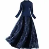 Casual Dresses Plus Size Women Autumn Mesh Tutu Dress Elegant 3/4 och långärmad lapptäcke stickad tröja 2021 Navy Blue XXL 3XL