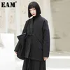 [EAM] Primavera V-coleira de manga comprida preto solto breve bandagem de algodão acolchoado tamanho grande casaco mulheres moda jk133 210923