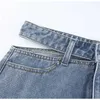 Hollow Washed Denim Skirt Woman High Waist Asymmetric Button Short Female Fashionable Streetwear Summer s 210708