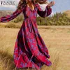 Damska Moda Jesień Maxi Dress Zanzea Casual Bawełna Sundress Vintage Kwiatowy Drukowane Vestidos Kobiet V Neck Rękawy Puff Robe Y1204
