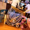 New Starbucks Colourful Diamond Handle Glass Coffee Cup with Wooden lid spoon Gift set Double insulation clear glass Mug Free shipping