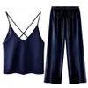 Womens Satin Pyjama Set Sexy Pyjama Criss Cross Back Camisole Pant Bow Nightwear Soft Loungewear 210809