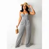 Women Two Piece Pants Solid Sleeveless Strap V-neck Slim Tops Pockets Wide Leg 2 Fashion Outfit Summer Tracksuit