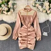 Sexy See Through Mesh Patchwork Mini Bodycon Dress Long Sleeve Ruched Satin Women Chic Ins Fashion Vestidos 210603