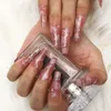 Söt lång kista press på naglar rosa stjärna falsk naglar glitter cloud ballerina false fingernail för kvinnor och tjejer