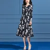 Casual Dresses Fashion 2022 Spring Three Quarter Sleeve V Neck Vestidos Floral Print Black Dress for Woman