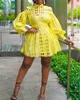 Plus Size Dresses African Women Fashion Africa Yellow Lantern Sleeve A Line Mini Elegant Evening Night Club Wear Dress No Belt