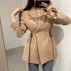 [EWQ] Moda Sonbahar Minimalizm Kadın Blazers ve Ceketler Çalışma Ofis Bayan Takım Elbise Ince Iş Katı Renk Ceket Haki Chic 210930