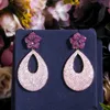 Fancy Micro Pave Red Pink Cubic Zirconia Long Big Rose Flower Drop Wedding Earrings for Women Party Jewelry CZ696 210714