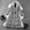 Winter Women Collar Zagęścić Ciepłe Wełniane mieszanki Długi Płaszcz Elegancka dama Vintage Houndstooth Woolen Kurtki Coats Outerwear 210601