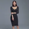 Noir Sexy dames coréennes demi manches col en V Midi moulante robes de soirée pour femmes vêtements 210602