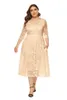 Mulheres Plus Size Noite Vestidos Lace A-Line Imprimir Floral Hollow Out Lady Vestidos Meia Manga Midi Vestido