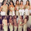 2021 Cheap Gold Sequined Bridesmaid Dresses Different Neckline Sexy Back High Split Sequins Evening Dresses Mermaid Long Maid of Honor Gowns