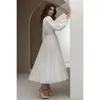 Abiti da sposa Tulle di raso avorio Scollo a V Maniche lunghe Abiti da sposa a trapezio a metà polpaccio Abiti da sposa con bottoni personalizzati robe de soiree