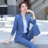 Высокое качество женские офисные брюки костюм из двух частей осень профессиональный полосатый куртка деловое интервью Outfit 210527
