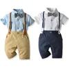 赤ちゃん男の子の服セット夏の幼児の紳士コットンチェック柄のシャツ+ Bowtie +サスペンダーパンツ4pcs幼児の衣装1 2 3 4 ye ARS 210615