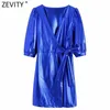 Zevity Femmes Vintage Cross V Col V Couleur Solid Métal Style Mini robe Femme Femme manches bouffées arcs Casual Kimono Vestido DS4916 210603