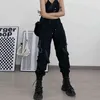 Qwek techwear gótico cargas pretas calças mulheres punk streetwear hip hop showejuku fita de cintura alta calças femininas soltas 211105