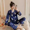Pajamas Set Women's Silk V-neck Long-sleeved Summer and Autumn Ice Ladies Home Service Suit Satin Nightwear Cartoon 210830