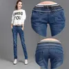 Artı Boyutu 26-40 Casual Pantolon Ince Esneklik Bel Dantel Kot Kadınlar için Elastik Mavi Kalem Moda Denim Pantolon 210922