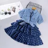 Flickans klänningar 2st barn för flickor Elegant Sling Princess Blue Denim Jacket 3-11 år Girl Flower Summer Children kläder