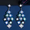 Luxury Long Dangle Drop Black Gold Color Blue CZ Örhängen för Kvinnor Glänsande Cubic Zirconia Bridal Bröllop Smycken CZ769 210714