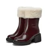 Boots Round Toe Side Zipper High-heel Plus Fleece Cotton Winter Style Cowhide Thick-soled Plush Short