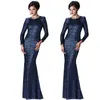 Navy sequin evening dress elegant and dignified long sleeve sexy slim fishtail highend tailored brand new small round neck handma4440135