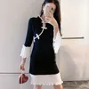 PERHAPS U Women Chinese Style Dress Cheongsam Long Sleeve Mini Dress Black And White Patchwork Flare Sleeve Buckle D1740 210529