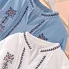 Vanovich bordado verano mujeres blusas y tops moda algodón salvaje manga corta con cuello en v ropa 210615