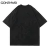 Gonthwid Distressed Tees Fire Flame Eye Print Kortärmad Tshirts Streetwear Hip Hop Harajuku Casual Cotton Loose Tops G1229