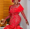 Aso Ebi 2021 Arabe Luxueux Rouge Sirène Robes De Soirée En Dentelle Perlée Robes De Bal Sexy Formelle Partie Deuxième Réception Robes ZJ262