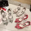 Vrouwen jurk schoenen bling hoge hakken puntige neus pompen 2021 zomer boog enkelband sandalen kristal dunne hak mujer 8974n