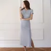 Casual Maxi Dress Korean Ladies Short Sleeve Blue Crew Neck Knit Long Party Dresses for Women Clothing 210602