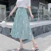 Etekler Vintage Baskılı Pileli MIDI Kadınlar Yüksek Bel A-Line Moda Uzun Etek Kadın 2022 Bahar Kore Casual Lady Dipleri