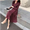 Vintage Winter Solid Women A-Line Dress Casual coreano scollo a V vita alta abiti a metà polpaccio eleganti telai manica lunga abito impero X0521