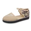 Sandaler tjocksolad 2021 Leopardtryck Mesh Single Shoes Women's Large Size Round Toe Front Lace Casual Hollow Roman Style