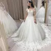 Vintage Off Shoulder Lace Wedding Dresses 2024 with Appliques Court Train Short Sleeves Lace Up Wedding Bridal Gowns